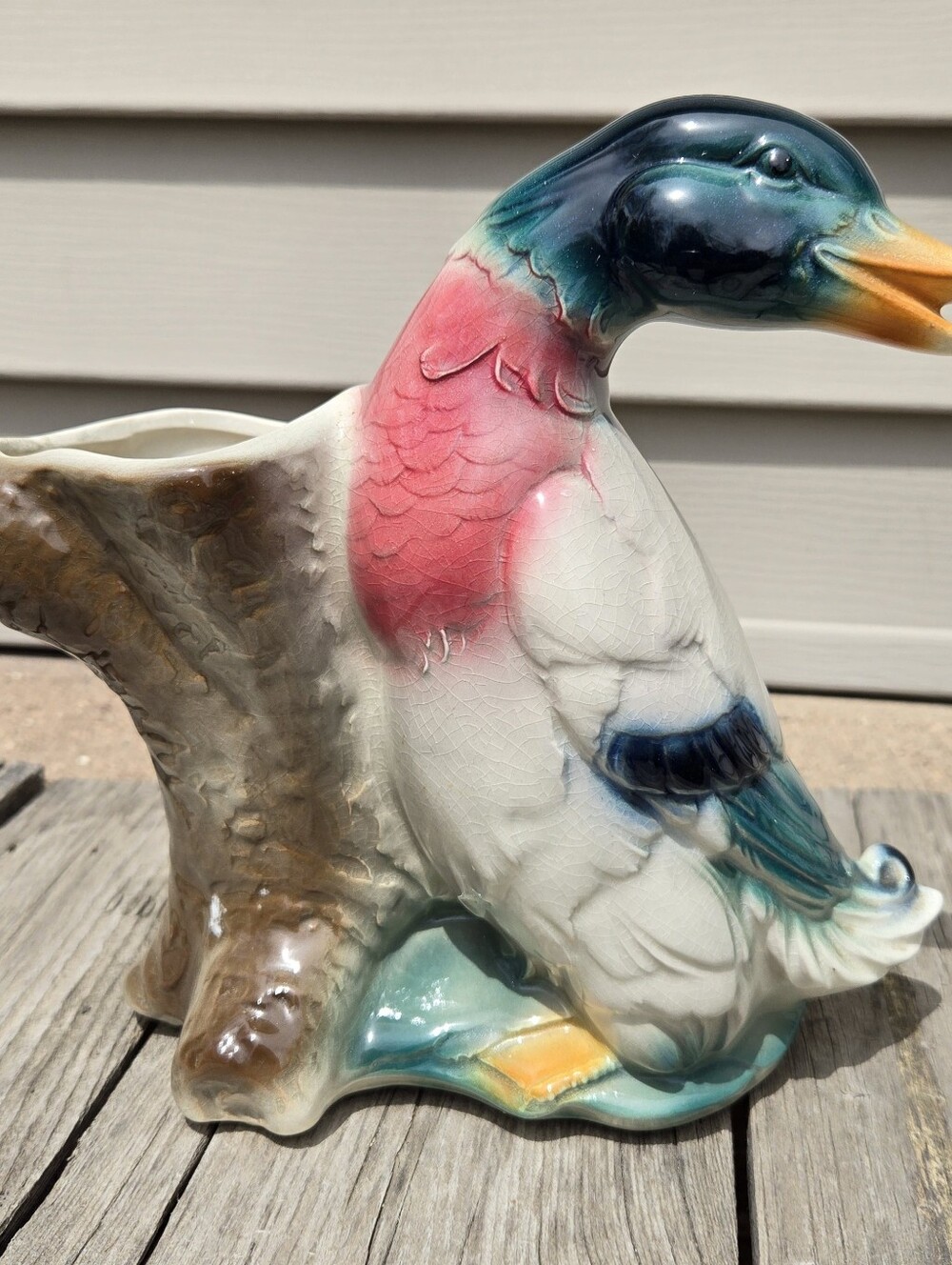 Royal Copley Vtg Mallard Duck Planter On Stump MCM 8"